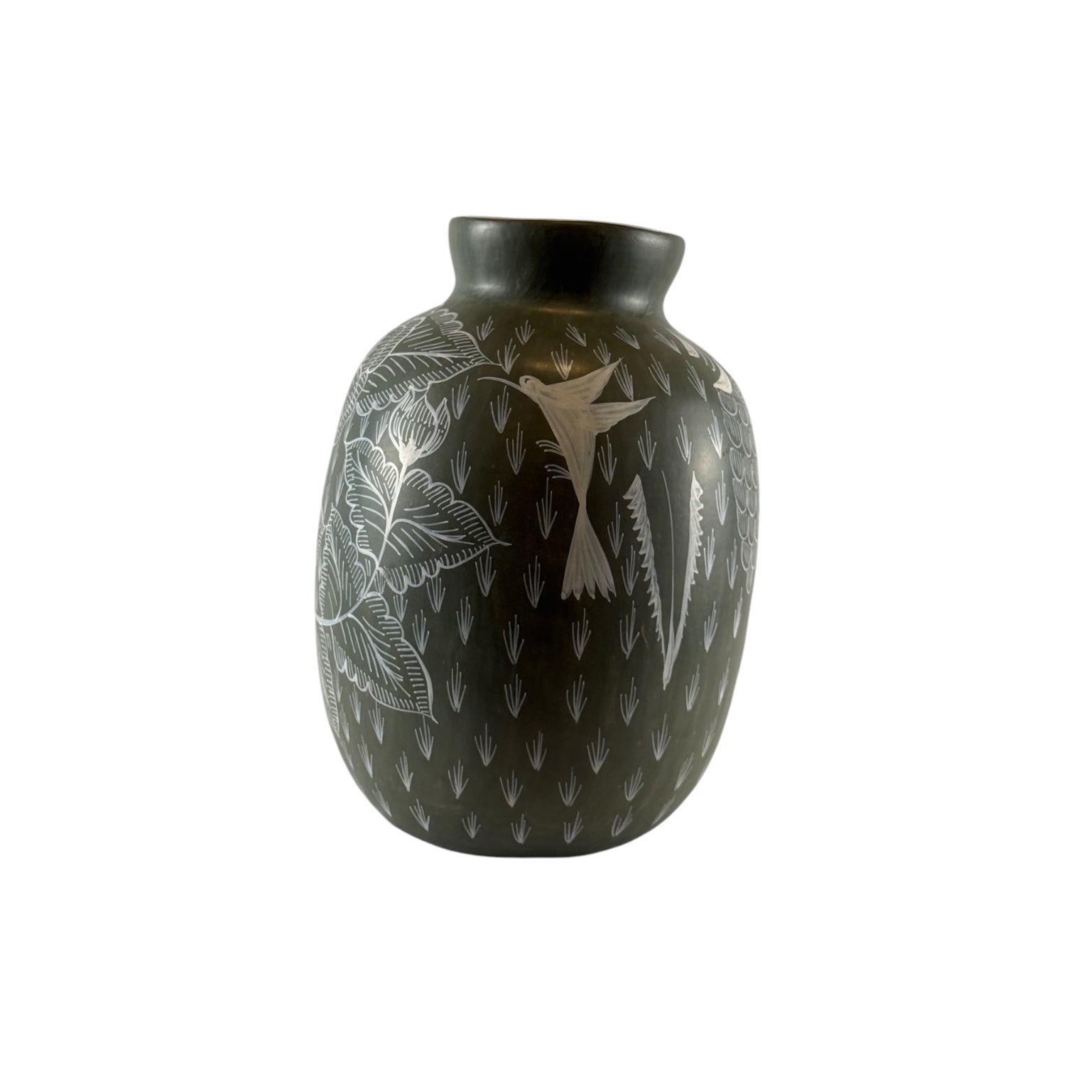 Huancito Clay Sage Vase with Hummingbird and Floral Motif