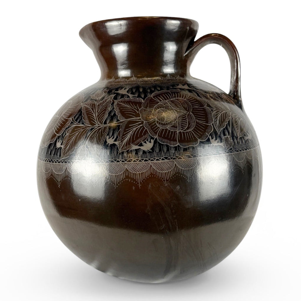 Huancito Clay Large Pitcher with Floral and Hummingbird Motif