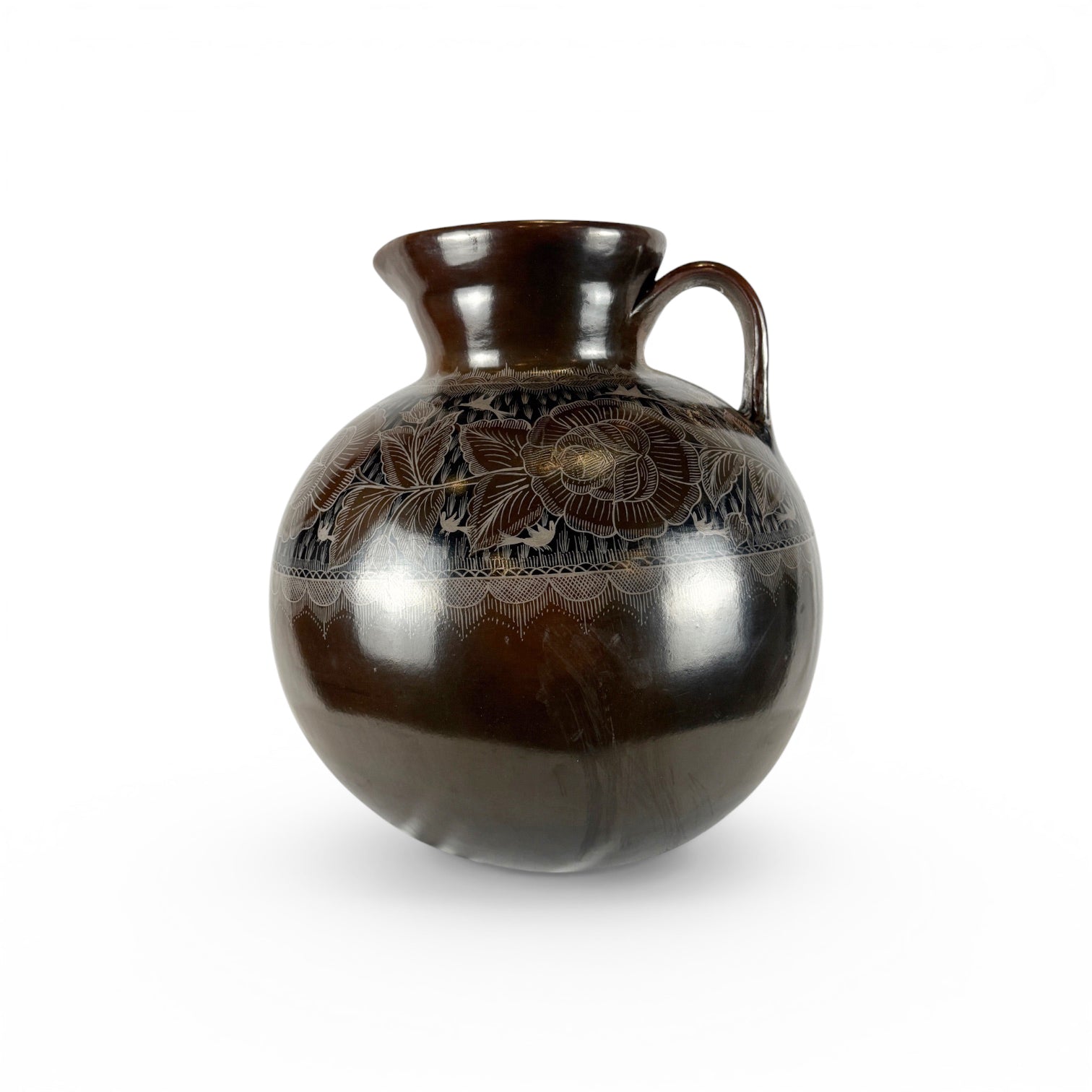 Huancito Clay Large Pitcher with Floral and Hummingbird Motif