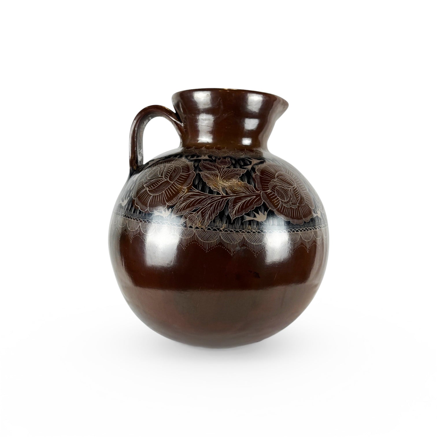Huancito Clay Large Pitcher with Floral and Hummingbird Motif