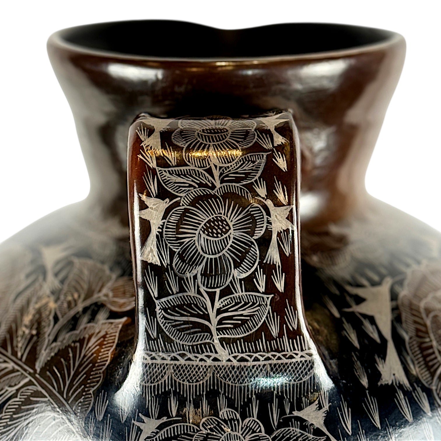Huancito Clay Large Pitcher with Floral and Hummingbird Motif