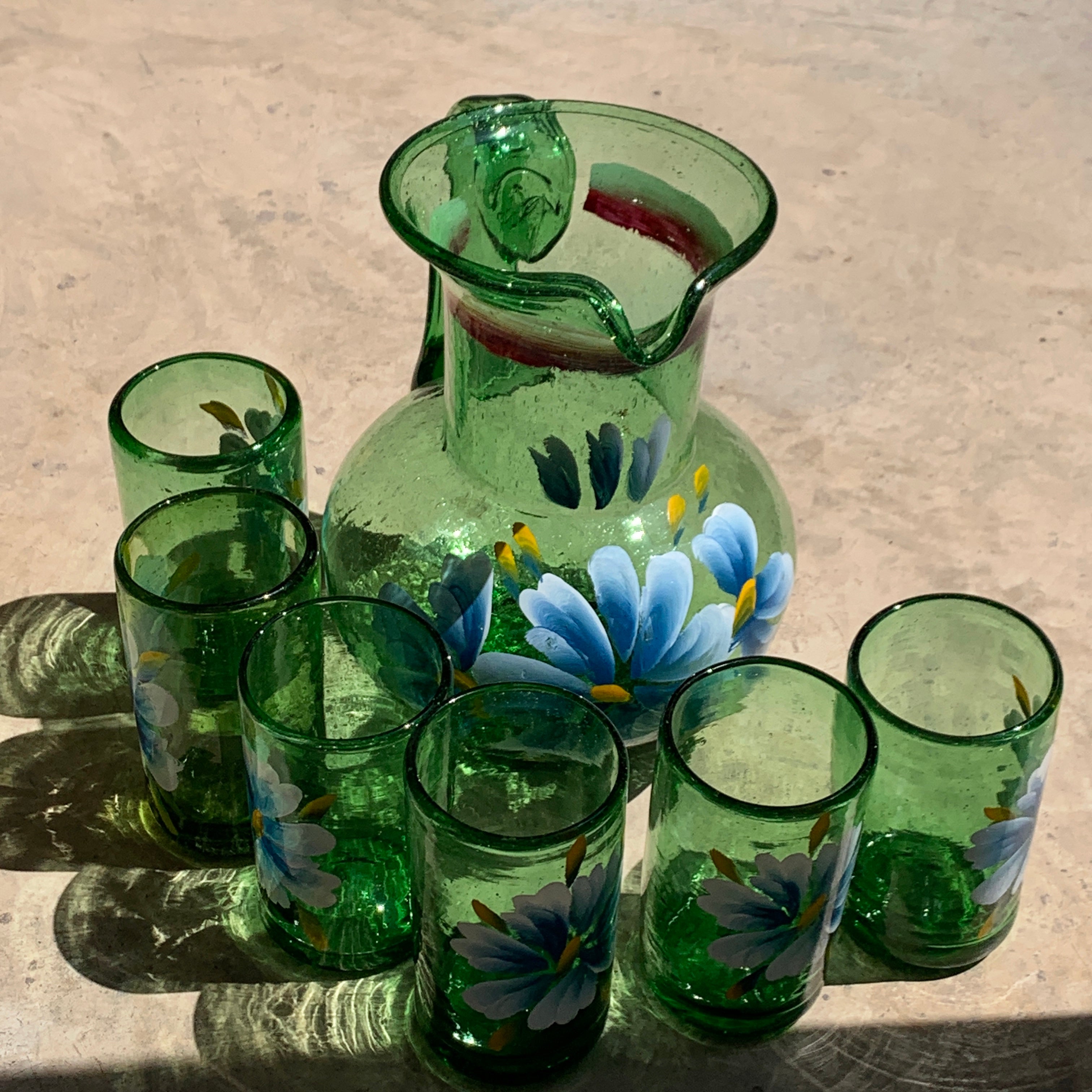 Boleada Pressed Glass painted pitcher and tall glass set