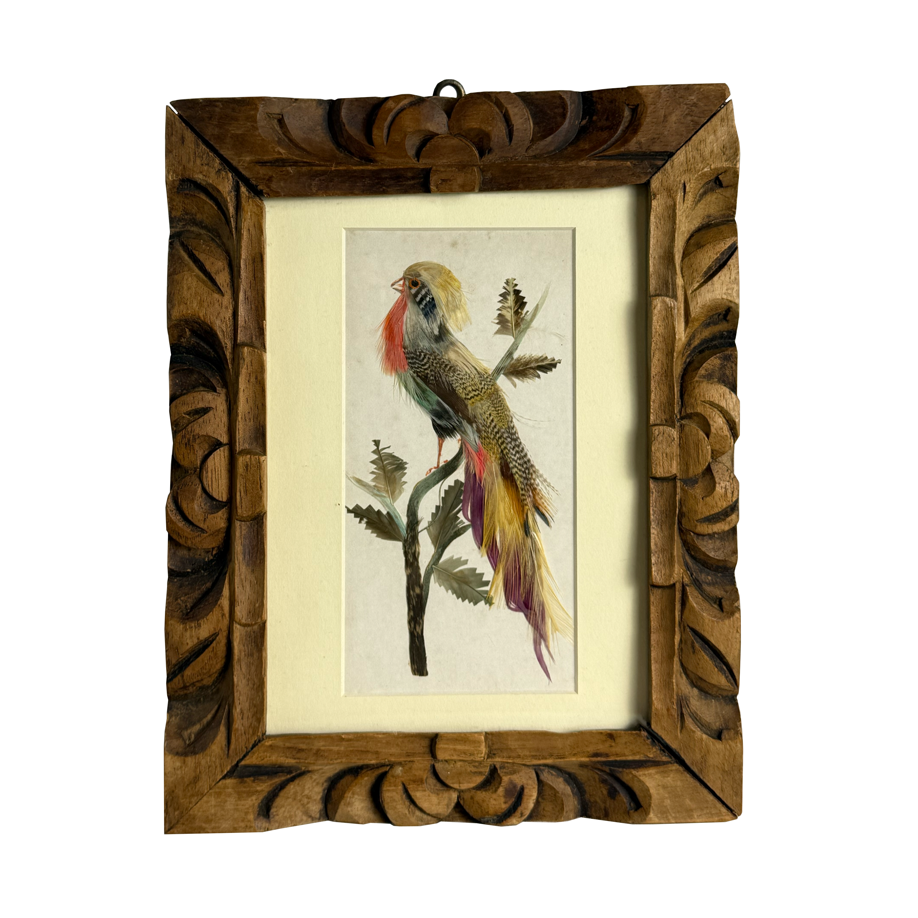 Vintage Mexican Feather Art in Wooden Frame