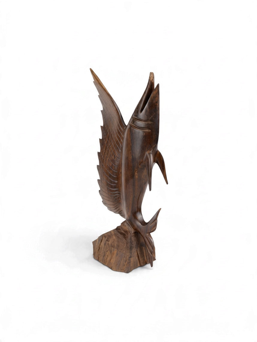 Sonoran Ironwood Swordfish sculpture by Embajada Vintage, a detailed wood art piece for home decor featuring a sleek swordfish design.
