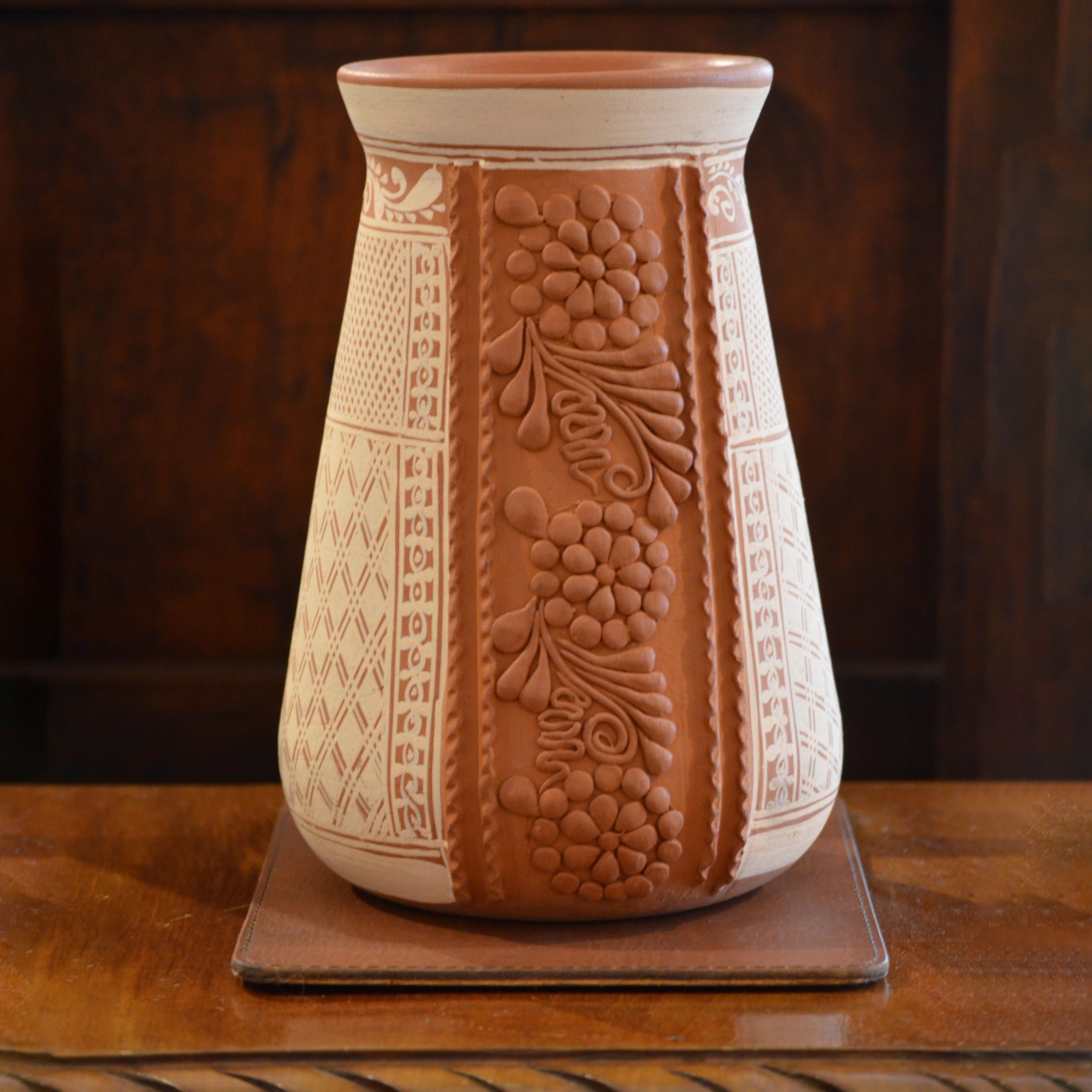 Engobe Carved Red Clay Vase