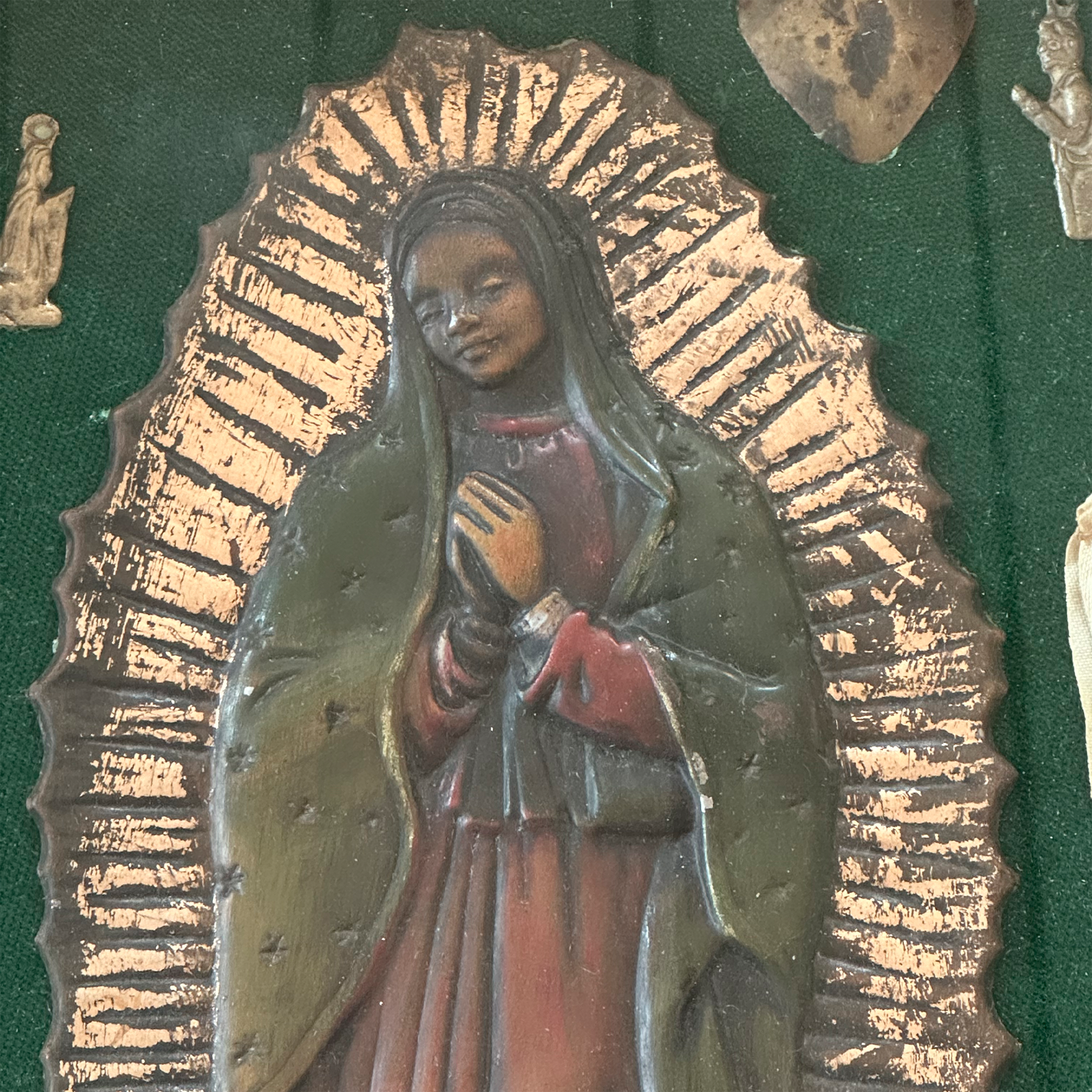 Vintage Fan Framed Wooden Altar Retablo with Milagros