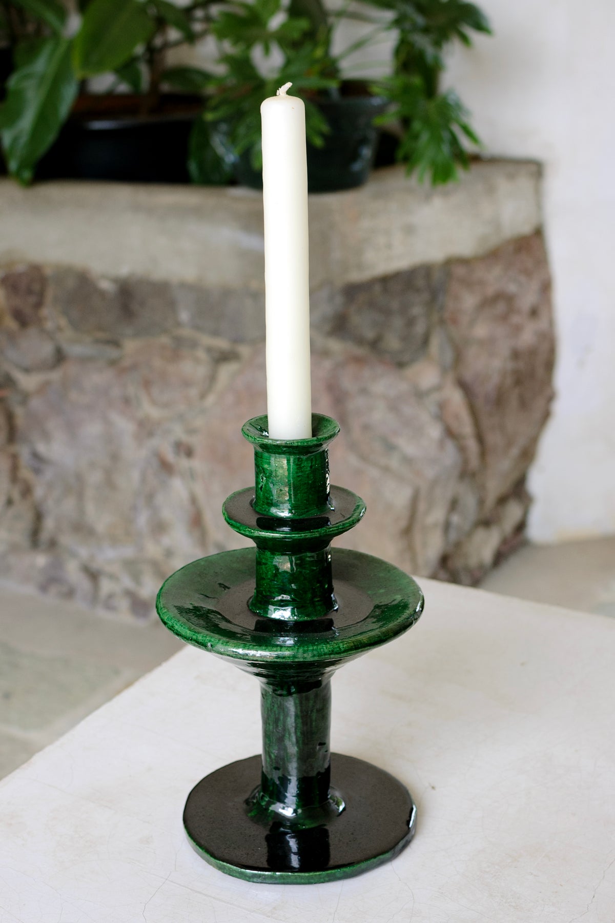 Embajada Craft Vidriado Green Three Ring Candelabra for elegant home decor, featuring three candle holders with intricate glass design.