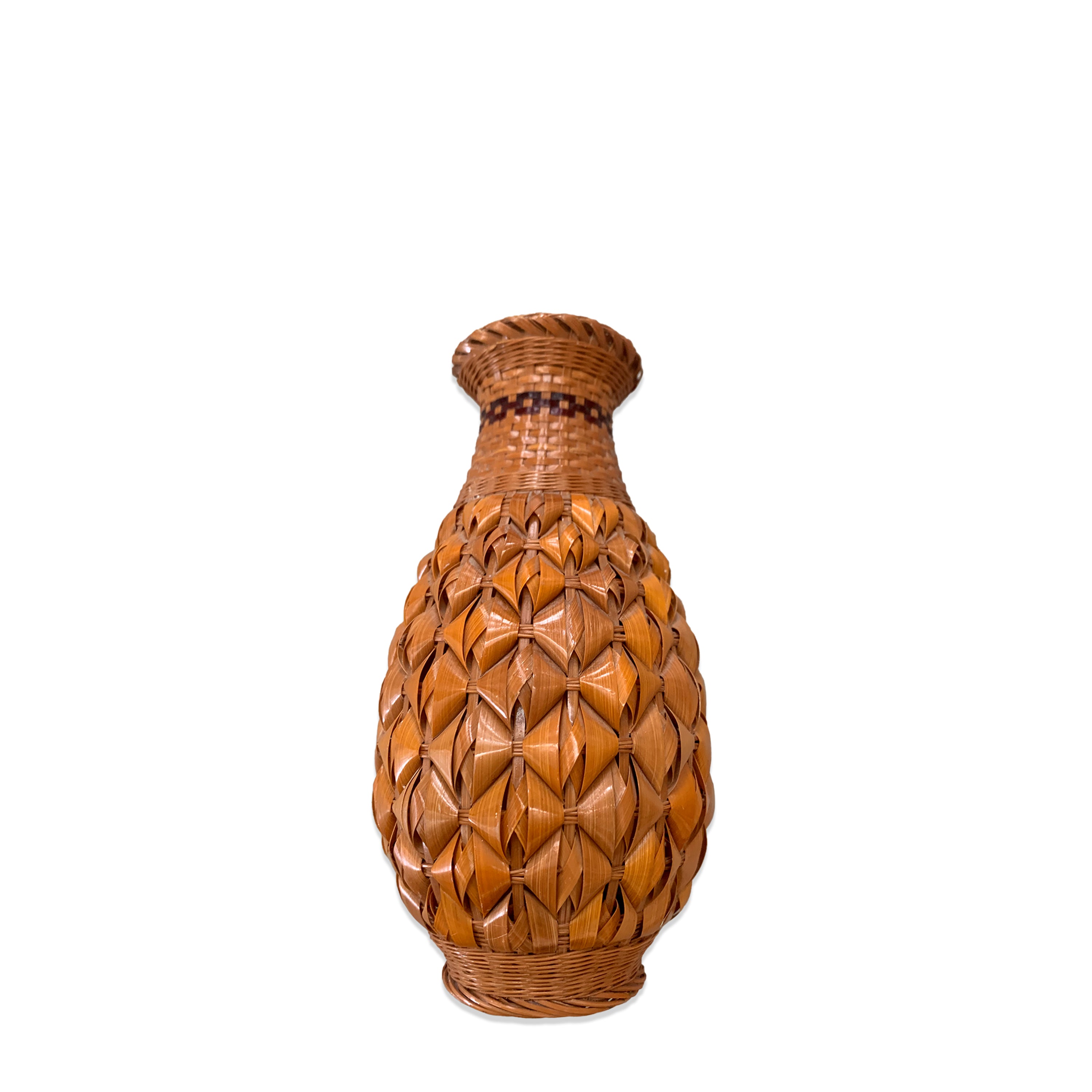 Ceramic bud vase with woven palm cover. C. 1970s