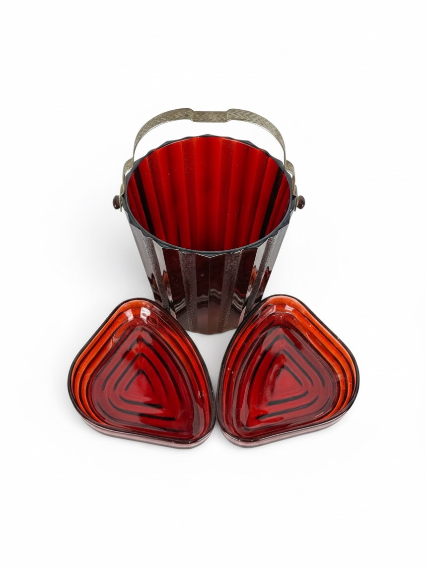 Red Glass Ice Bucket and Snack Plates c. 1950s